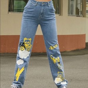 SHEIN High Waist Letter And Cartoon Graphic Jeans